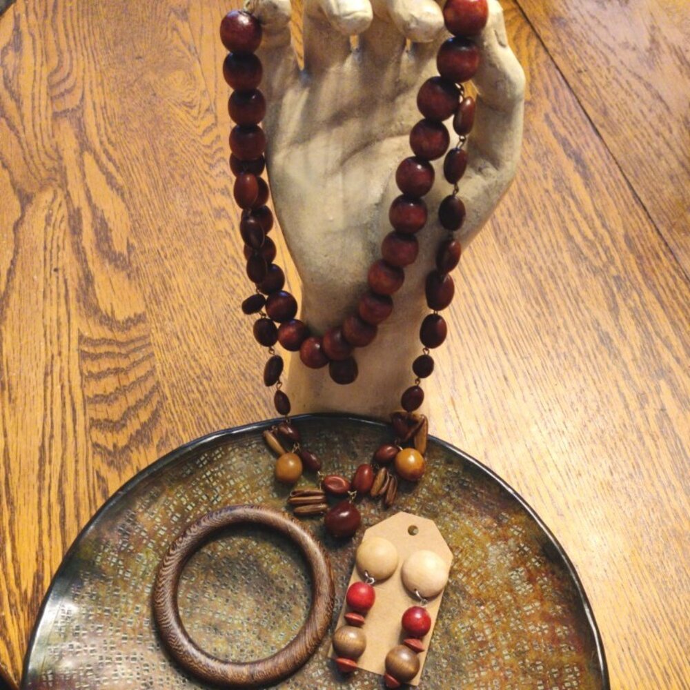 Vintage  & Handcrafted Real Wood Bead Necklace, Earrings, Bracelet Set